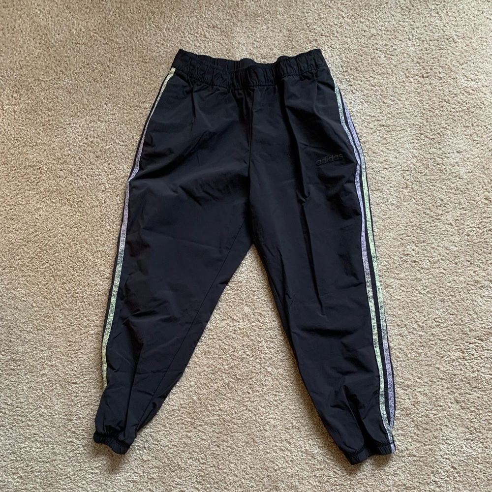 Adidas 3/4 length joggers with green/purple tie dye stripes. S
